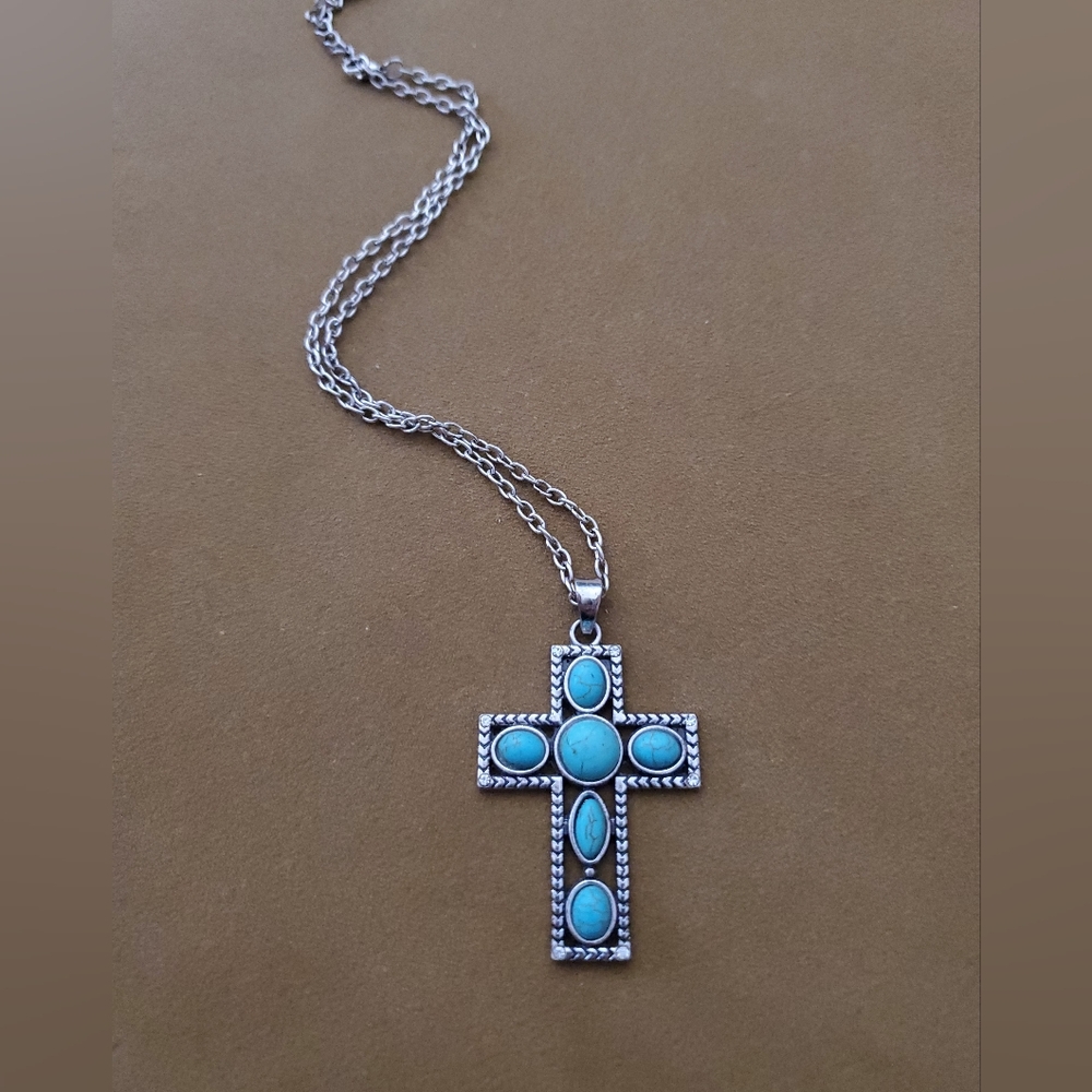 Silver and Turquoise Cross Pendant Necklace
